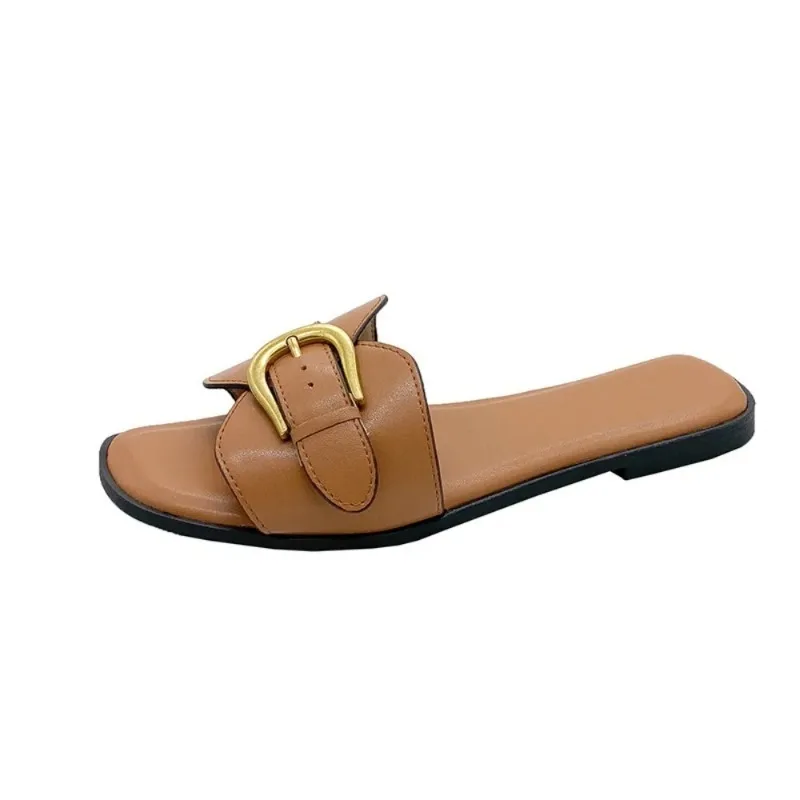 Color: Brown, Shoe Size: 35 - Slippers Casual Fretwork Heels String Bead Shoes Woman 2024 Pantofle Shale Female Beach Luxury Soft Flat New Sabot Fashion Slide
