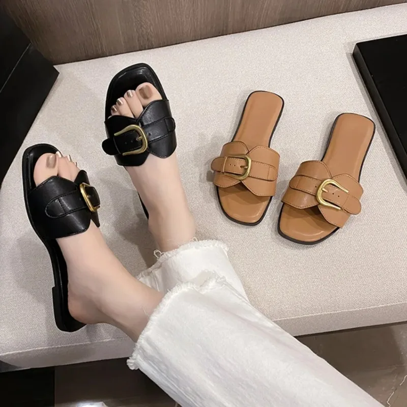 Color: Brown, Shoe Size: 35 - Slippers Casual Fretwork Heels String Bead Shoes Woman 2024 Pantofle Shale Female Beach Luxury Soft Flat New Sabot Fashion Slide