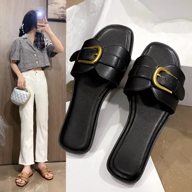 Color: Brown, Shoe Size: 35 - Slippers Casual Fretwork Heels String Bead Shoes Woman 2024 Pantofle Shale Female Beach Luxury Soft Flat New Sabot Fashion Slide