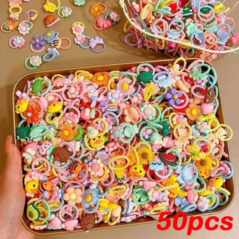 Color: GRAY - 50Pcs/Lot Children Hair Accessories Girls Cartoon Elastic Hair Bands Baby Head Rope Kids Small Animal Headband Cute Headdress