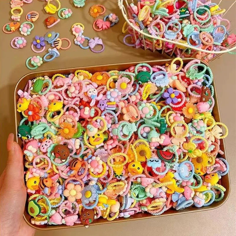 Color: GRAY - 50Pcs/Lot Children Hair Accessories Girls Cartoon Elastic Hair Bands Baby Head Rope Kids Small Animal Headband Cute Headdress