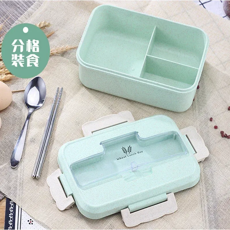 Color: green, Ships From: CHINA - Microwave Lunch Box Wheat Straw Dinnerware with Spoon Chopsticks Food Storage Container Children Kids School Office Bento Box