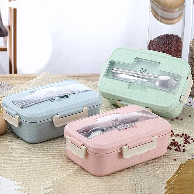 Color: green, Ships From: CHINA - Microwave Lunch Box Wheat Straw Dinnerware with Spoon Chopsticks Food Storage Container Children Kids School Office Bento Box