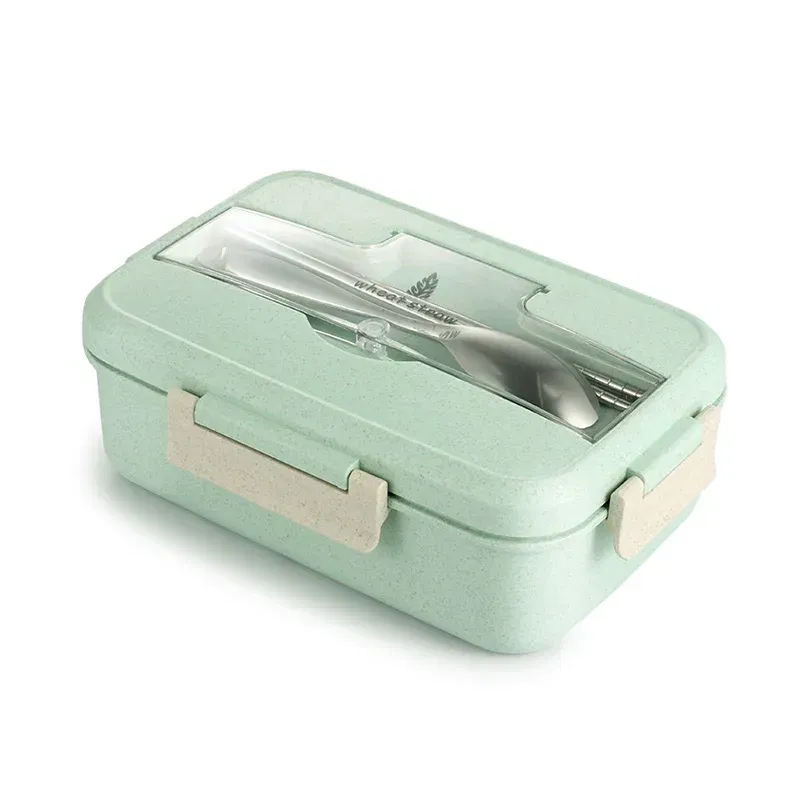 Color: green, Ships From: CHINA - Microwave Lunch Box Wheat Straw Dinnerware with Spoon Chopsticks Food Storage Container Children Kids School Office Bento Box