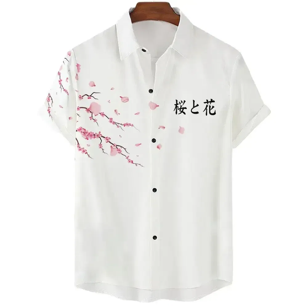 Color: Pink, Size: XXXL - Fashionable Luxury Social men's Shirt Lapel button-down Shirt Casual Japanese Aesthetic Cherry Blossom Print short-sleeved Tops