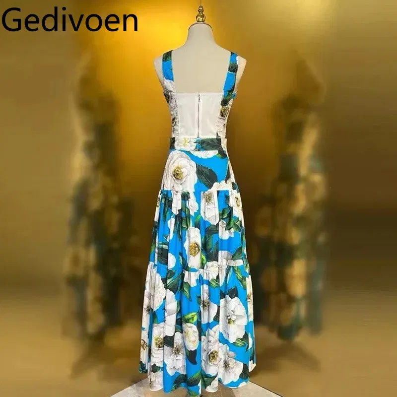 Color: Blue, Size: M, Ships From: CN - Gedivoen New Style Casual Women's Suit Sweetheart Neck Spaghetti Strap Backless Top+Fashion Half skirt Cotton Print 2-piece set