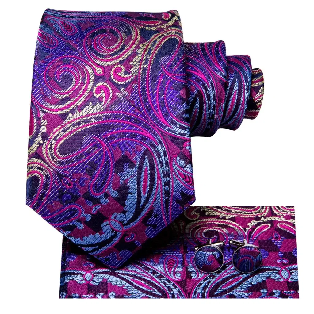 Color: Dark Khaki - Hi-Tie Purple Paisley Silk Elegent Tie for Men Novelty Design Handky cufflink Tie Set Party Business Wedding Dropshipping