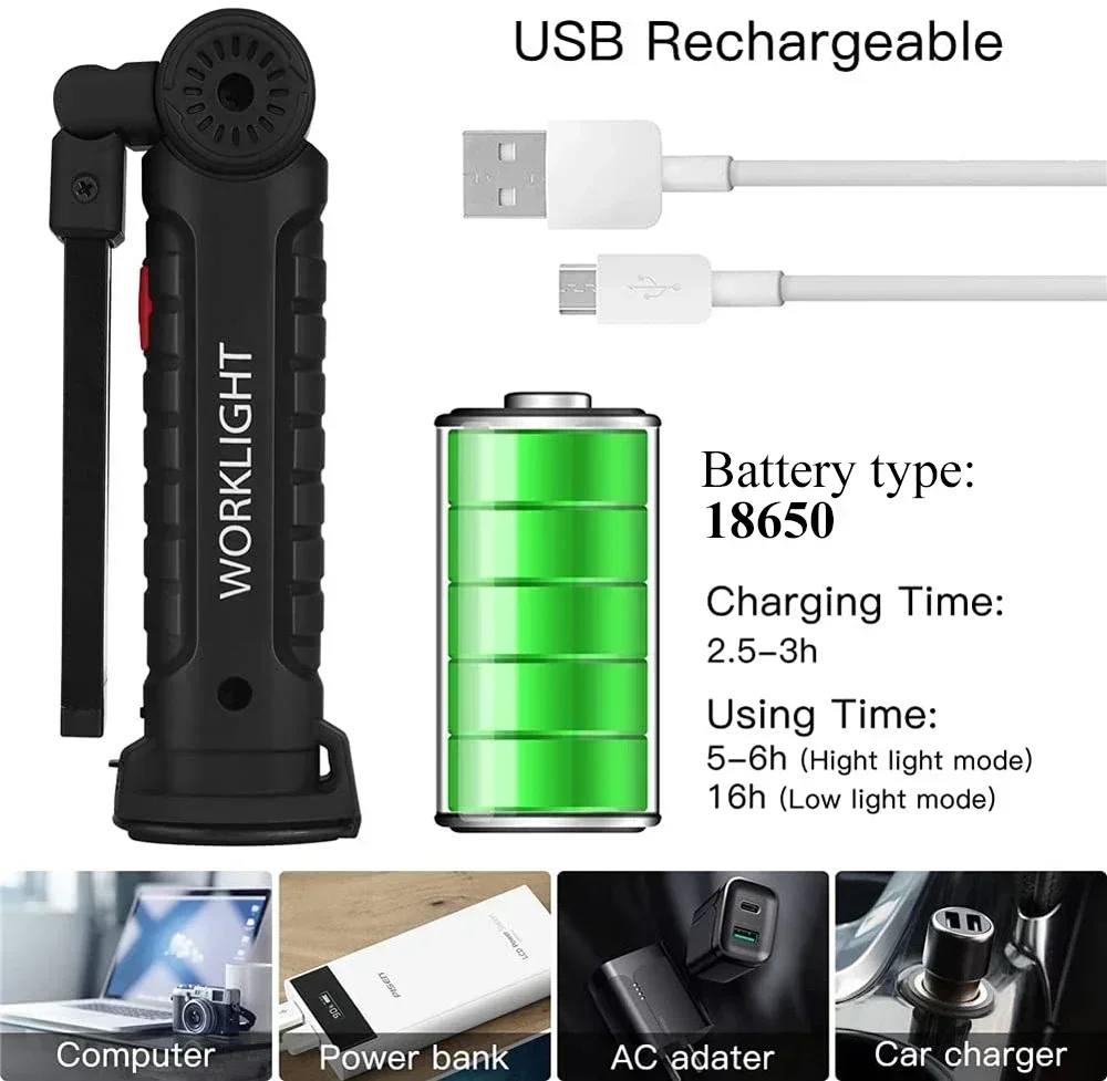 Emitting Color: changeable - COB LED Work Light Dimmable USB Rechargeable LED Flashlight Inspection Lamp With Magnetic Hook Power Bank 18650 Battery Torch