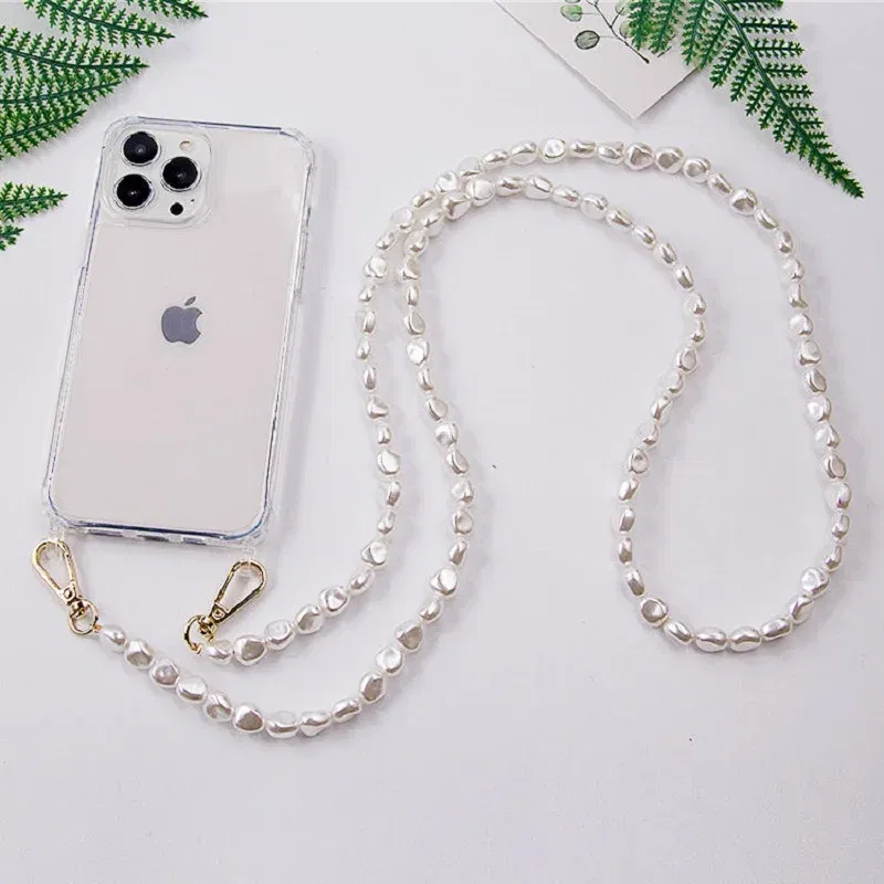 Color: Black, Bundle: Case & Strap, Material: Microfiber - DIY Luxury Pearl Chain Crossbody Strap Shockproof Acrylic Lanyard Phone Case for iPhone 14 13 12 PRO 15 Pro Max X XS 12 MINI