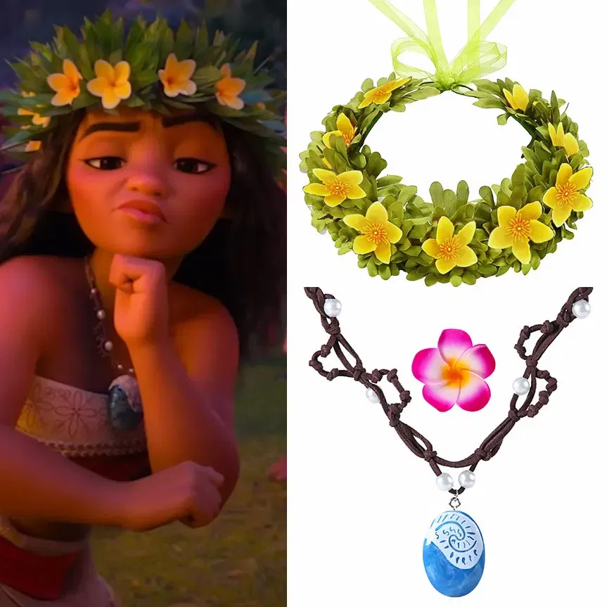 Color: WHITE - Lovely Disney Moana 2 Dancing Flower Garland Headdress Kids Adult Hawaii Beach Floral Headgear Princess Vaina Cosplay Accessory