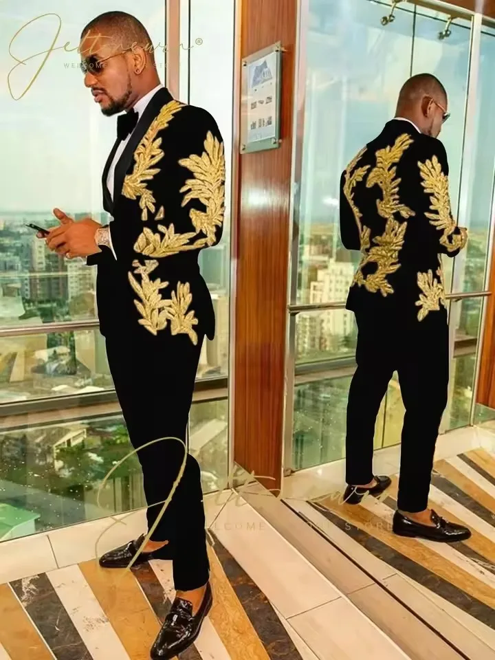 Color: black, Size: One Size - Luxury Groom Wedding Tuxedos Gold Sequins Appliques Black Men Suits Slim Fit Costume Homme Marriage Prom Suits