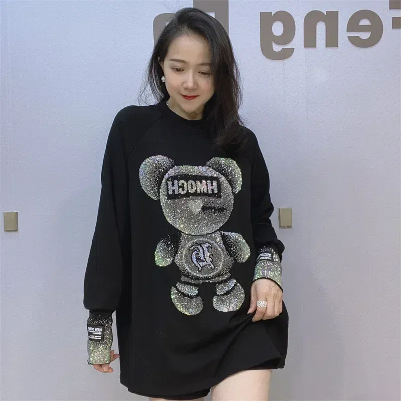 Color: Beige, Size: One Size - Cute Rhinestone Little Bear Long Sleeve T-shirt for Women Plus Size