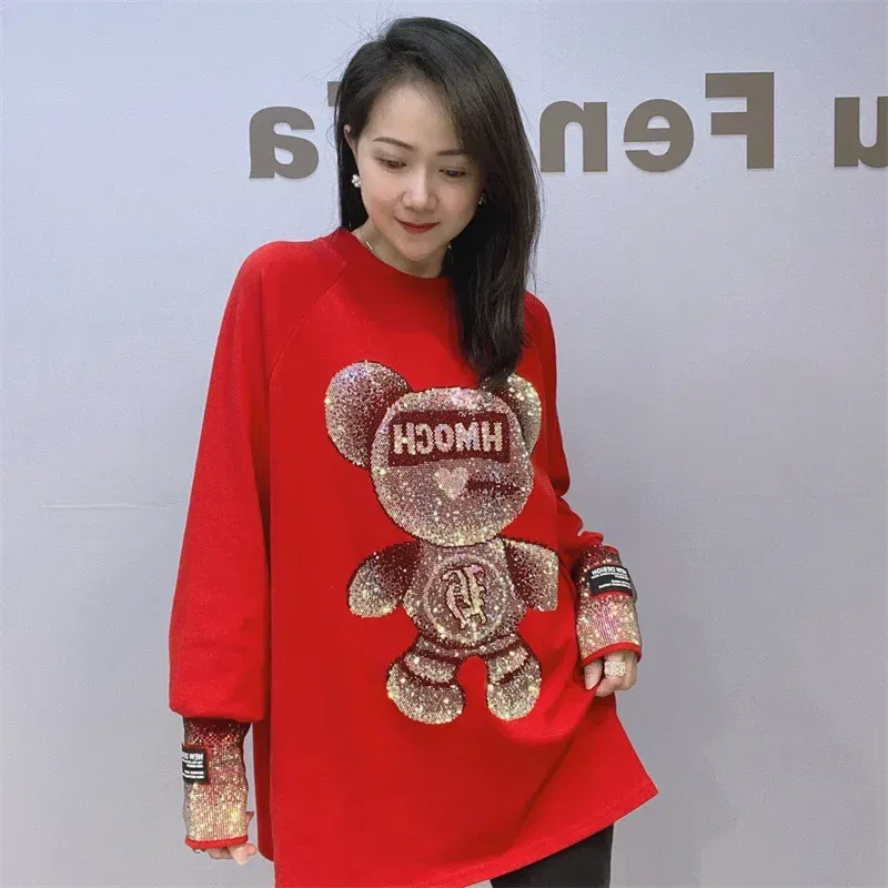Color: Beige, Size: One Size - Cute Rhinestone Little Bear Long Sleeve T-shirt for Women Plus Size