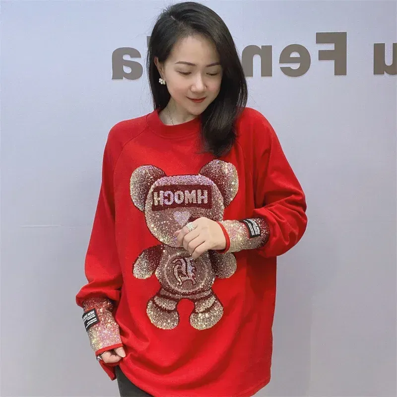 Color: Beige, Size: One Size - Cute Rhinestone Little Bear Long Sleeve T-shirt for Women Plus Size