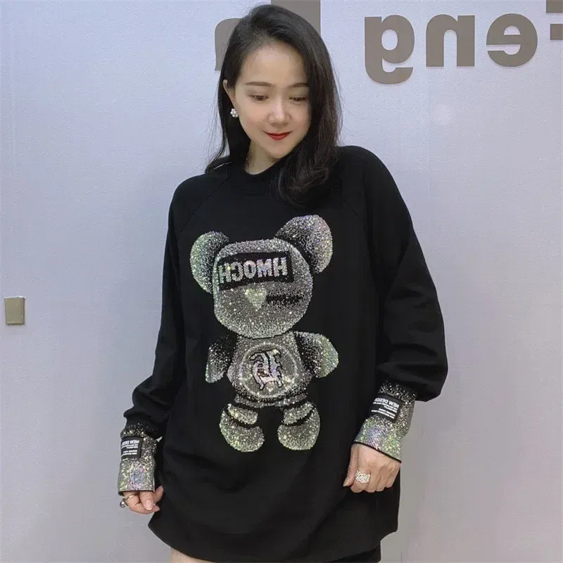 Color: Beige, Size: One Size - Cute Rhinestone Little Bear Long Sleeve T-shirt for Women Plus Size