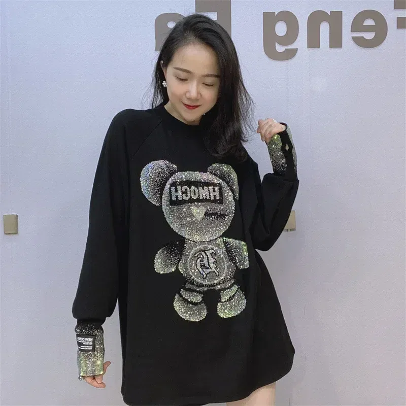 Color: Beige, Size: One Size - Cute Rhinestone Little Bear Long Sleeve T-shirt for Women Plus Size