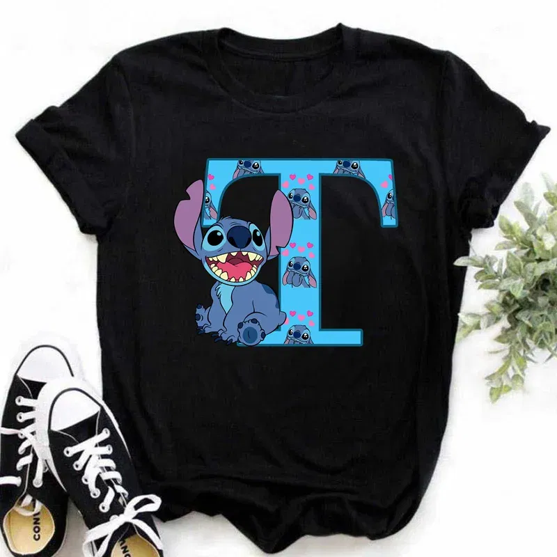 Color: Burgundy, Size: XL - Disney Lilo&Stitch A-Z Alphabet Summer Women's Printed T-Shirt Women's Casual Tops T-Shirt Fashion Cartoon Plus Size T-Shirt