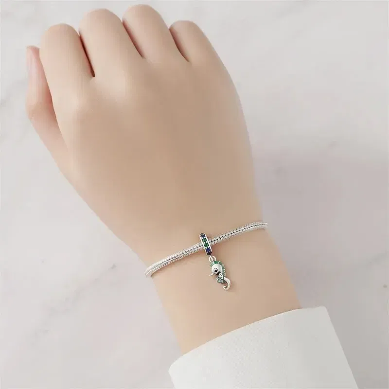 Color: Green - Fit Original Pandora Bracelet 925 Sterling Silver Seahorse Charms Beads Inlaid Zirconium Temperature Change Pendants Diy Jewelry