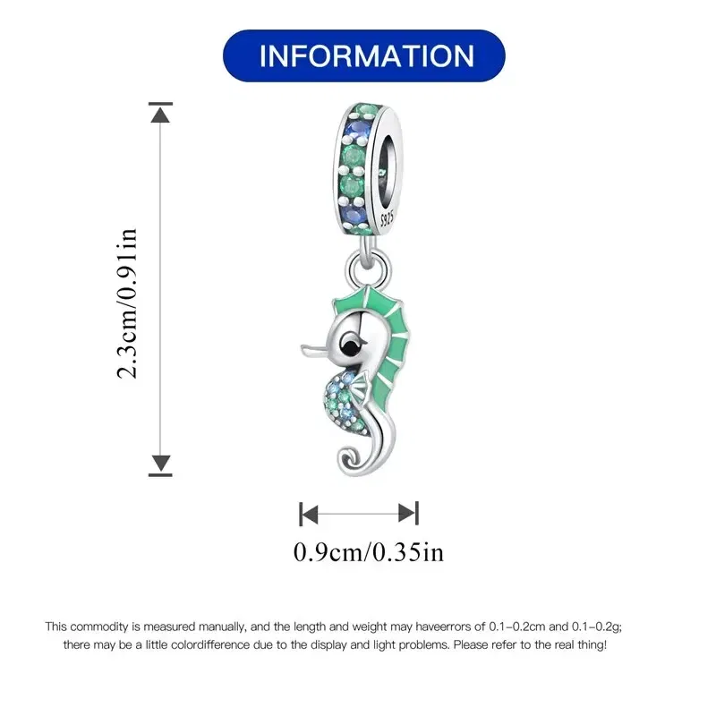 Color: Green - Fit Original Pandora Bracelet 925 Sterling Silver Seahorse Charms Beads Inlaid Zirconium Temperature Change Pendants Diy Jewelry