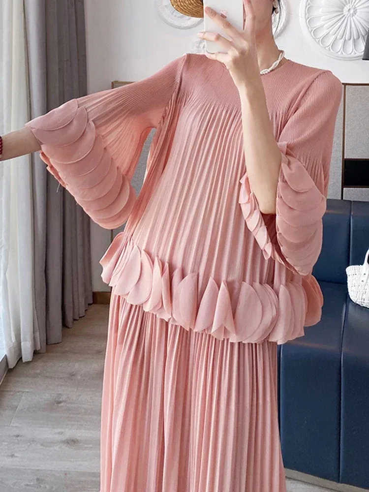 Miyake Pleated Long Sleeved Patchwork Shirt 2024 Fashion Designer Women's Half Skirt Two-piece Set Minimalist Women's Clothing