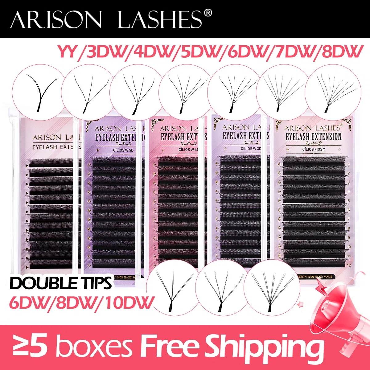 Color: Rose Red, Curl: D, Thickness: 0.07mm, Length: 8mm - ARISON LASHES W Shape 3/4/5/6D Eyelashes Extension Premade Volume Fans YY-shape Lashes Faux Mink Soft Easy Faning Natural Lashes