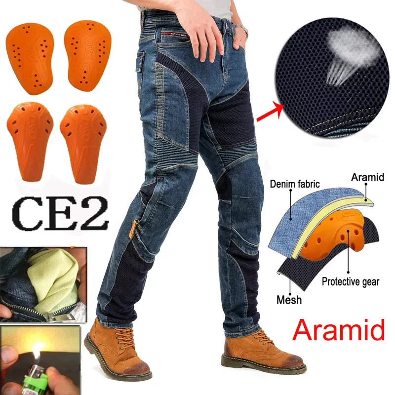 Color: Ivory, Size: XL - Hithotwin Aramid protection motorcycle jeans Moto pants leisure riding trousers motocross Aramid riding pants Hi-032