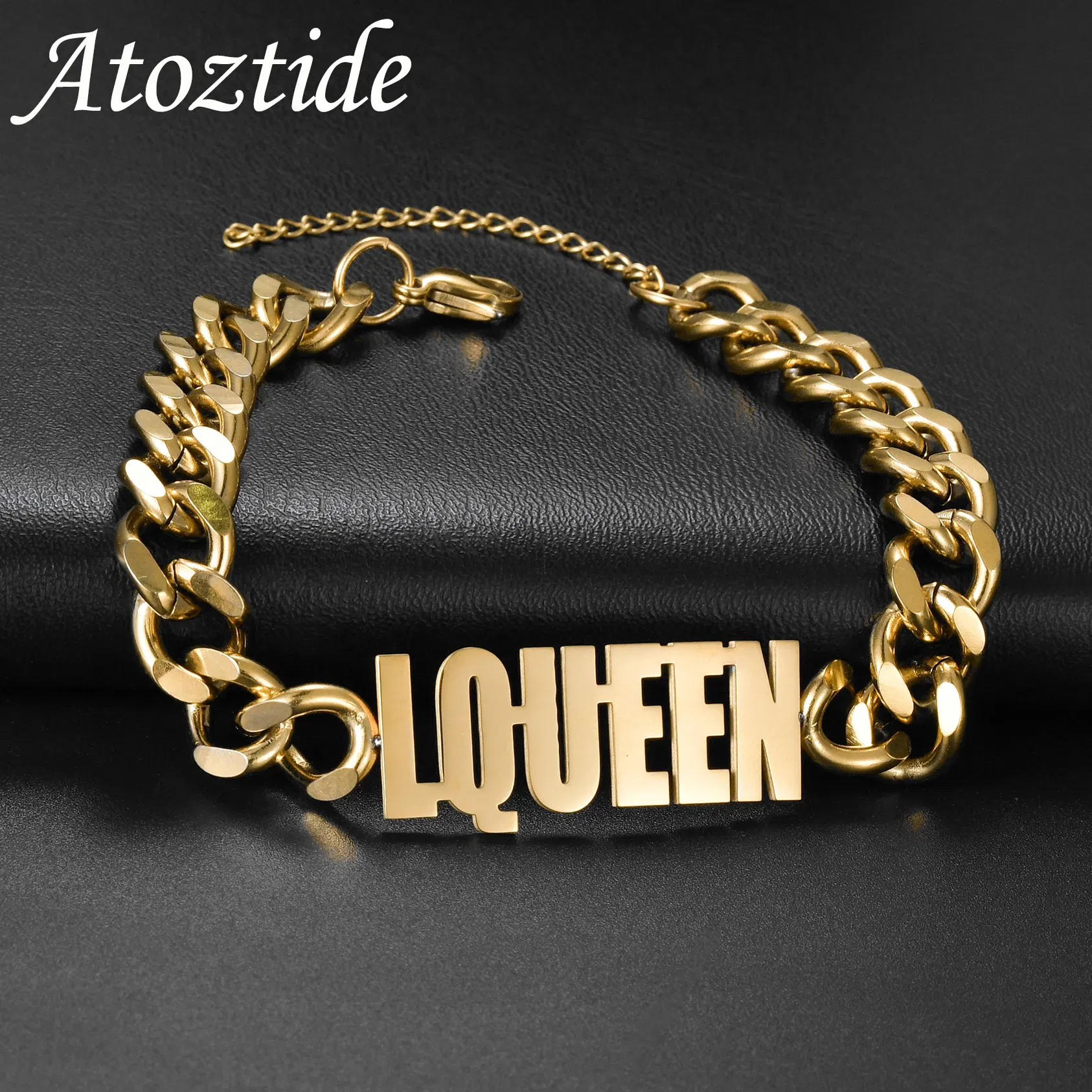 Metal Color: Dark Gold, Length: 17.5cm, Main Stone Color: Silver - Atoztide Personalized Custom Name Bracelet for Women Men Stainless Steel 10mm Cuban Chain Nameplate Handmade Bangle Jewelry Gift