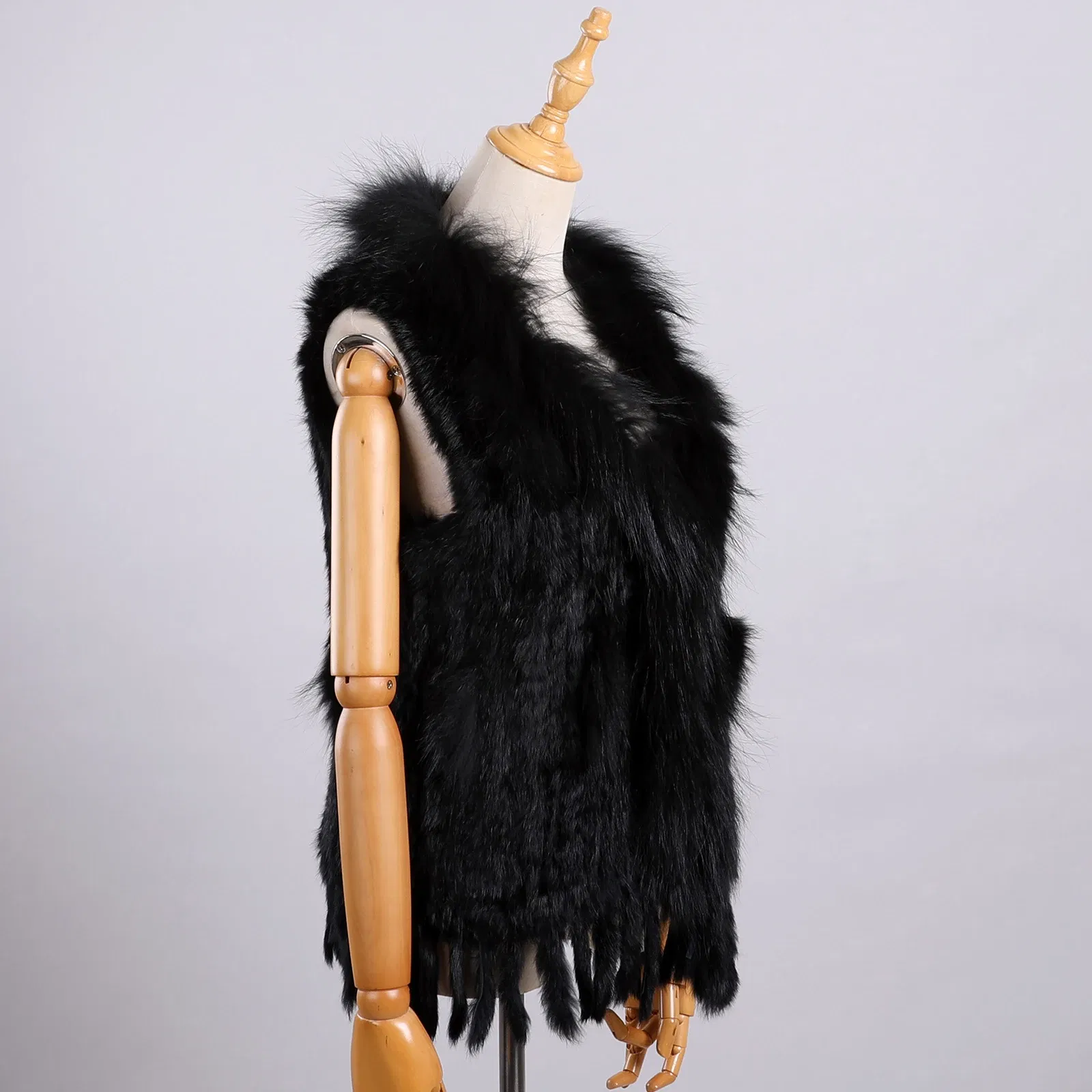 Color: black, Size: S - Luxury Women's Genuine Premium Long Hair Rabbit Fur Knit Vest Raccoon Fur Trim Gilet Lady Sleeveless Waistcoat Real Fur Jacket