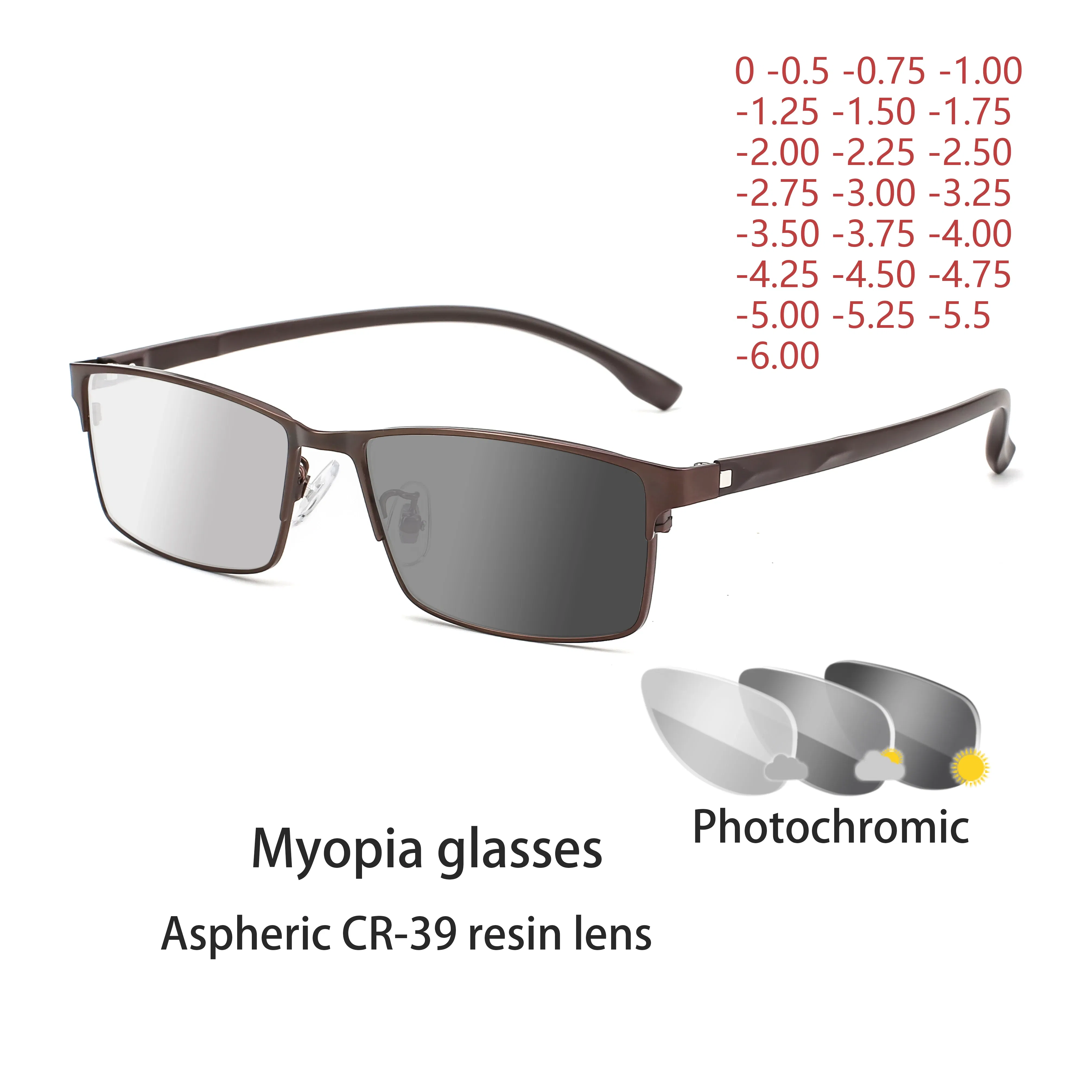 Frame Color: Khaki, Ships From: CHINA, Eye Prescription: +550 - New Finished Myopia Sun Photochromic Glasses Fashion Chameleon Gray Lens Metal Legs With Degrees Sunglasses -1 -1.5 -2.0 -2.5 -3