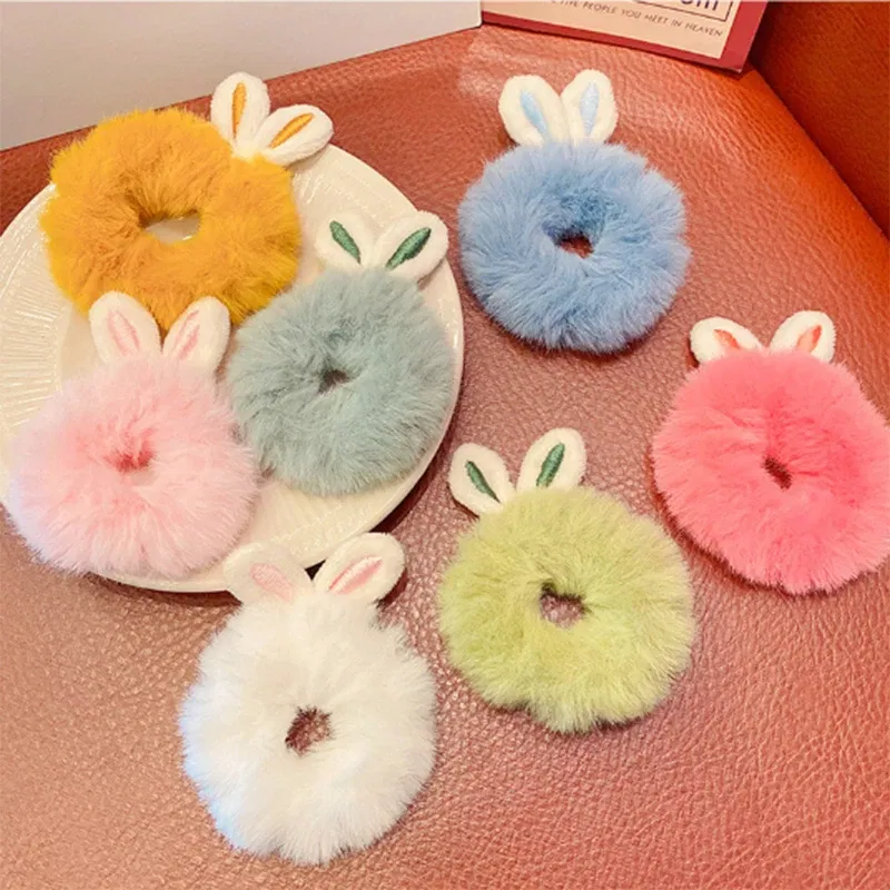 Color: wine red - Korean Plush Rabbit Ear Hair Scrunshies Autumn Winter Candy Color Cute Horsetail Ball Hair Rope High Elastic Rubber Band Girl