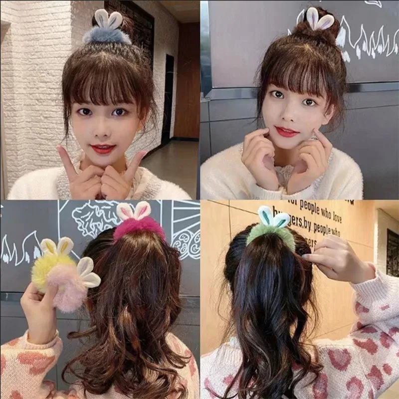 Color: wine red - Korean Plush Rabbit Ear Hair Scrunshies Autumn Winter Candy Color Cute Horsetail Ball Hair Rope High Elastic Rubber Band Girl