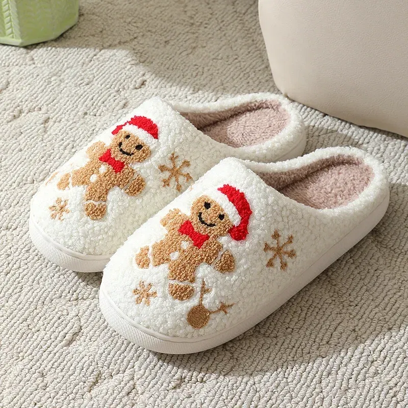 Shoe Size: 40-41, Color: Straw - Cute Gingerbread Winter Warm Christmas Women Slippers  Slides Couple Houseshoes Men Bedroom Flat Soft Sole Home Shoes for Gift