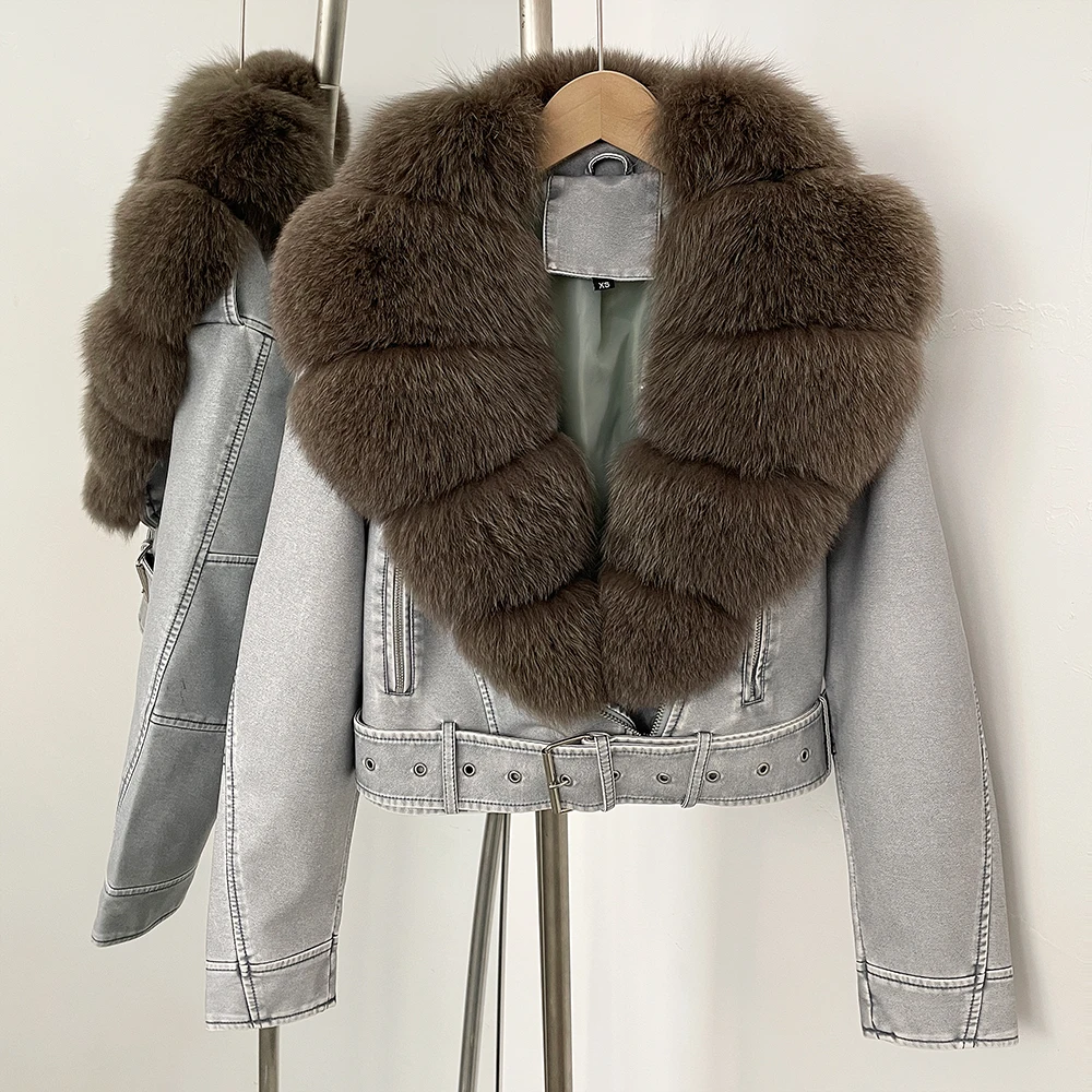 Color: Yellow, Size: XL - Fake Leather Coat New Natural Fox Fur Autumn Short Faux Leather Jacket Female Spring PU Women Long Sleeve Real Fur Coat Thin