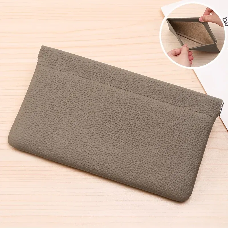 Color: GRAY - Self-closing first-layer genuine cowhide long wallet passport driver's license document holder data cable cosmetic bag storage