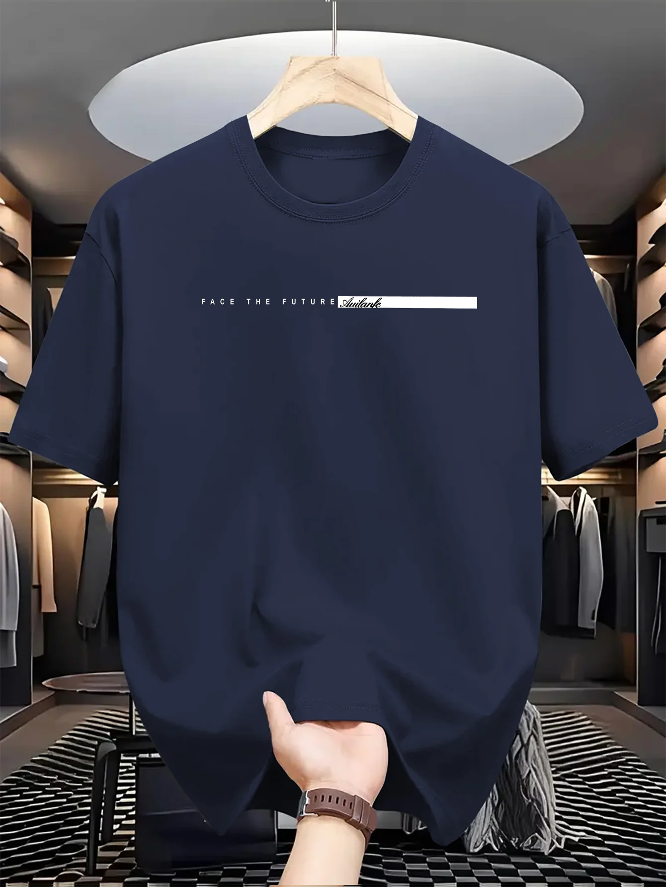 Color: Navy Blue, Size: XL - Summer men's 100% cotton casual loose fit large letter print round neck short sleeved T-shirt top High Street Unisex style