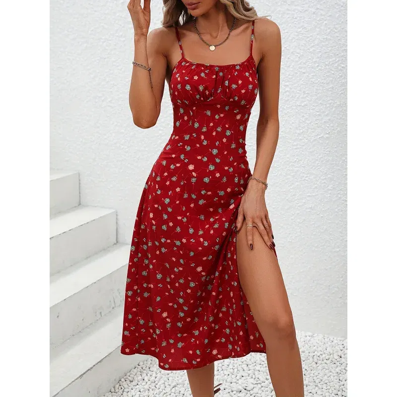 Color: Gold, Size: XL - 2025 Summer Sexy Spaghetti Straps Dress Women Fashion Polka Dot Print Sleeveless Slit Dress Boho Casual Beach Midi Dresses