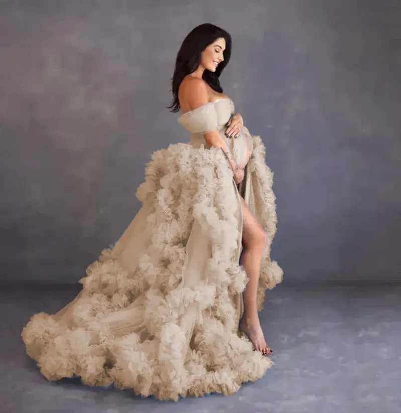 Color: Champagne, Maternity Size: XL, Ships From: CHINA - Tulle Long Maternity Dress Photoshoot  п?»?°?‚ь?µ  photography dresses baby shower dresses for pregnant woman  п?»?°?‚ь?µ д?»я ?±?&mic