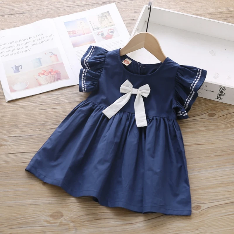 Color: Blue, Kid Size: 4T - Summer Baby Girl Princess Dress Casual Fashion Baby Girl Flying Sleeve Bow-knot Princess Dress Kids Clothing For 1-6 Years Old