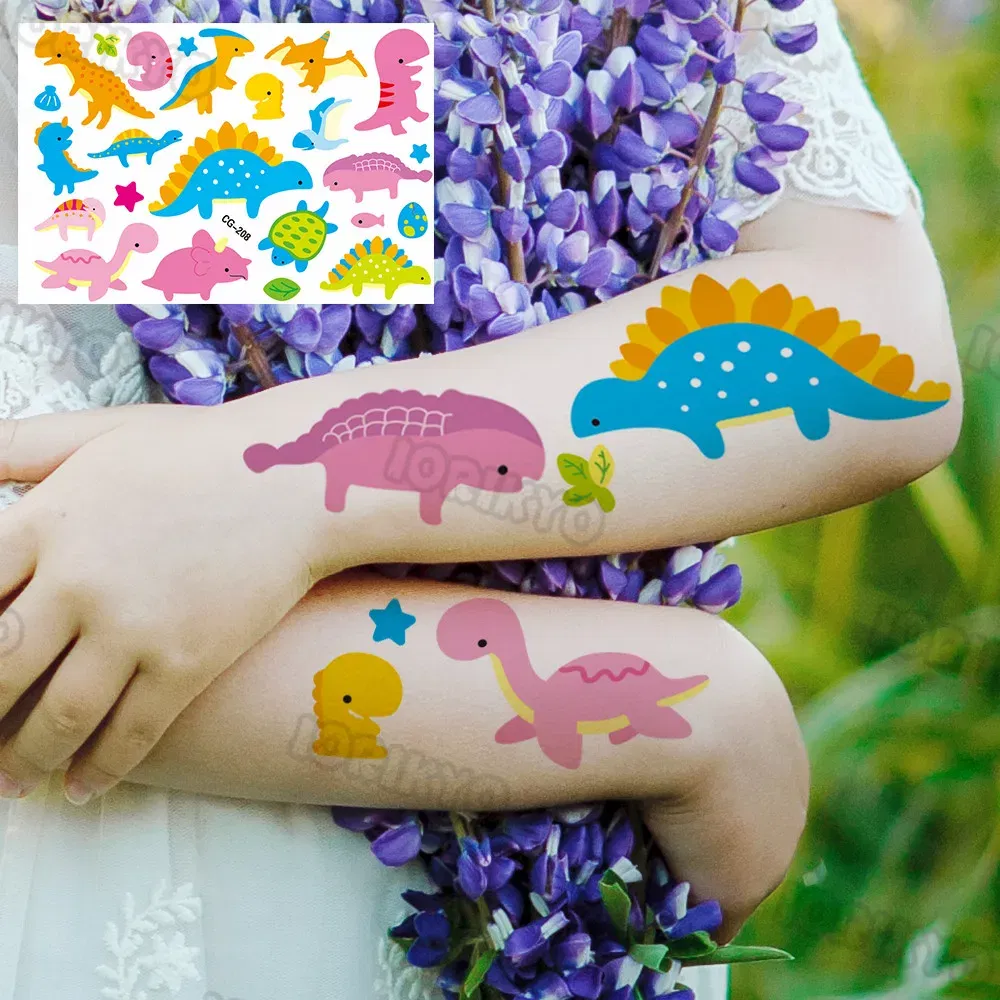 Color: SKY BLUE - Colorful Dino Temporary Tattoos For Kids Boys Girl Baby Fake Jurassic Dinosaur Tattoo Sticker Small Cute Tatoos Face Hands