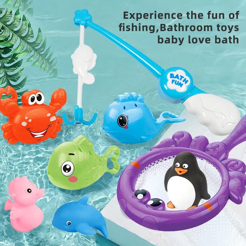 Color: WHITE - Bath Toys Fishing Games with Fish Net Squirt Fishes Crab Pool Bath Time Bathtub Toy for Toddlers Baby Kids Infant Girls Boys Age
