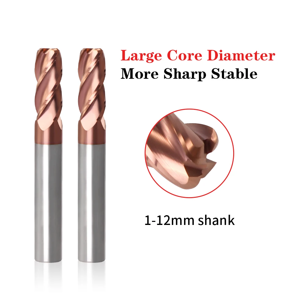 Cutting Edge Diameter: 2.4MM, Dimensions: 4*4*15 - AUGT HRC55 Carbide Bull Nose End Mill 4Flutes Copper Milling Cutter Alloy Coating Tungsten Steel Cutting Tool For CNC Maching