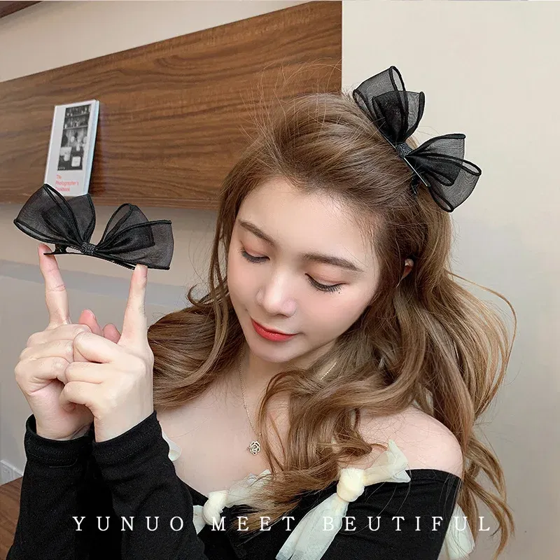 Color: Lavender - 2022 Black Lace Double-layer Mesh Bow Hairpin for Women Girls Fashion Korea Sweet Student Hair Clip Hair Accessories