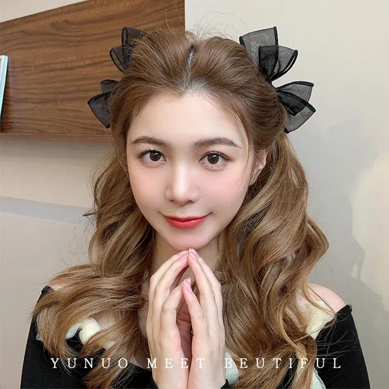 Color: Lavender - 2022 Black Lace Double-layer Mesh Bow Hairpin for Women Girls Fashion Korea Sweet Student Hair Clip Hair Accessories