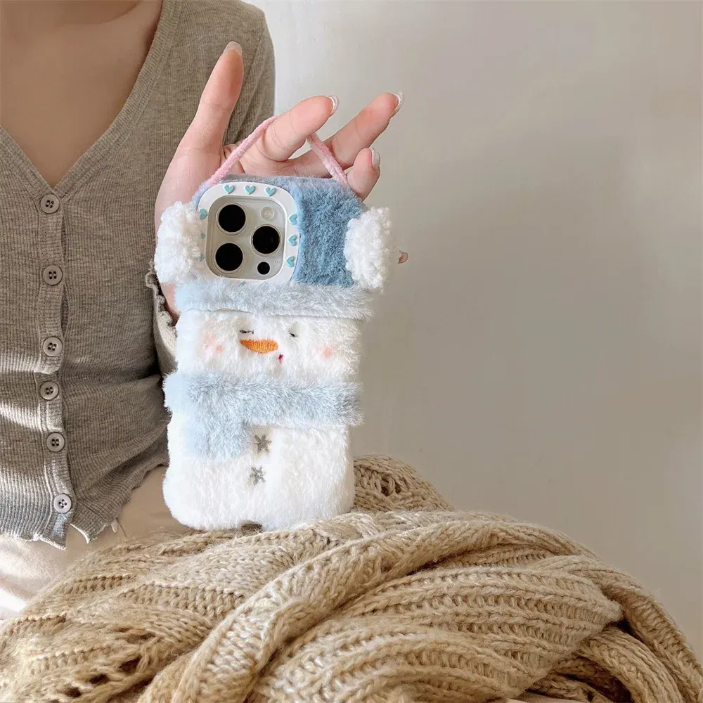 Color: Beige, Material: Cotton Fabric - Cute Cartoon Furry Snowman Case for iPhone 16 15 14 Pro Max 12 13 11 16Pro Plush Winter Warm Love Heart Soft Shockproof Cover