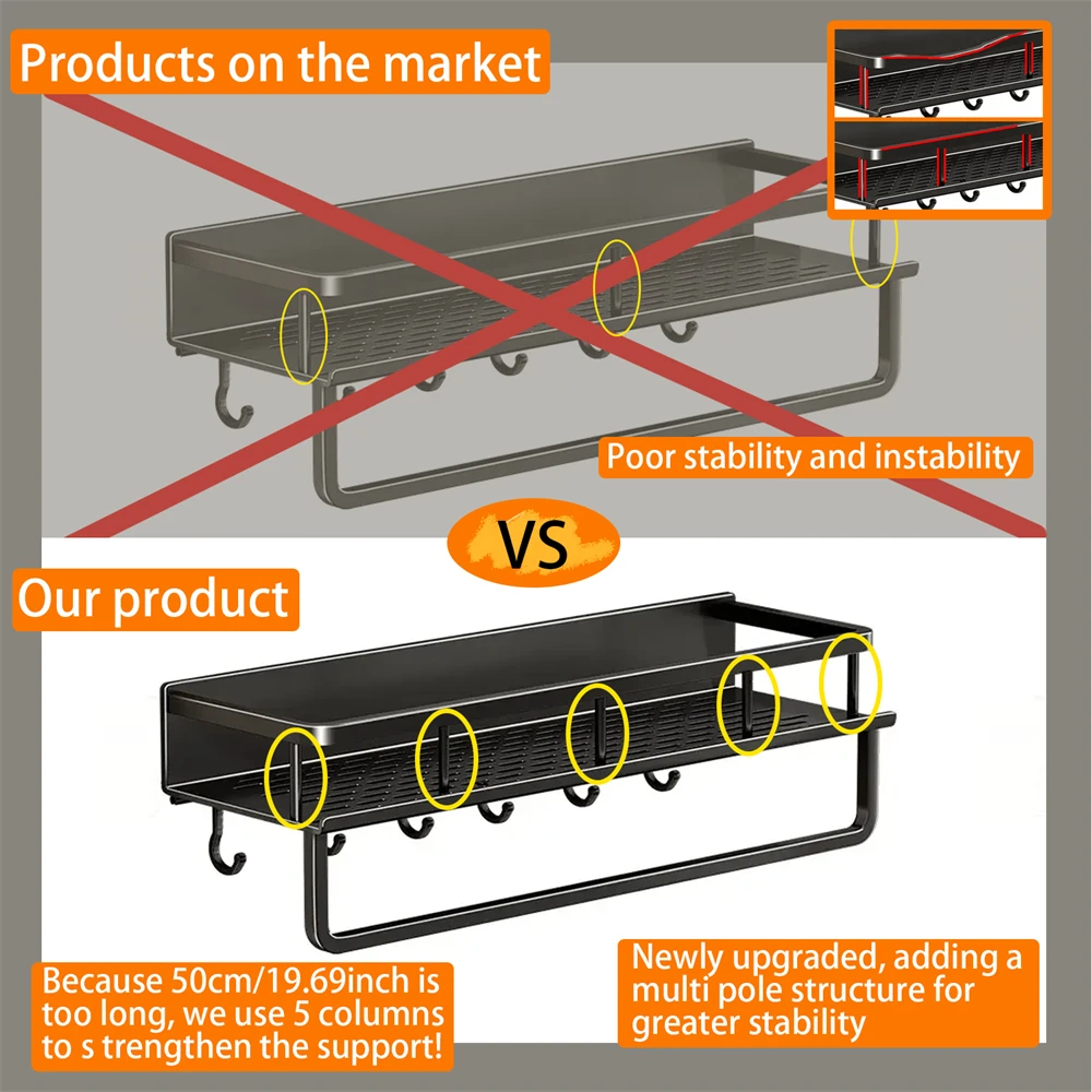 Color: DARK GRAY - Multifunctional Kitchen and Bath Tray Wall-Mounted Aluminum Storage Rack Seasoning Bottle Storage Shelf Kitchen Storage Hooks