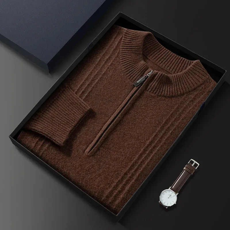 Color: Brown, Size: L - Men's Sweater Pullover Autumn Winter Sweater Warm Clothing 100% Cashmere Business Long Sleeve Classic Quality Mock Neck Knit Top