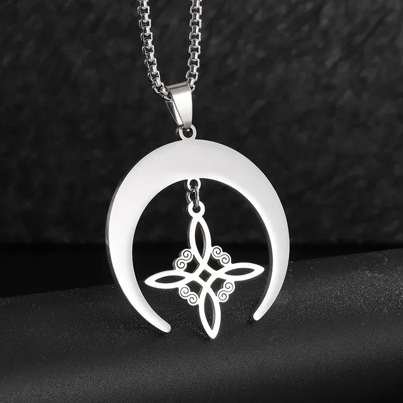 Metal Color: MULTI - Stainless Steel Silver Color Pattern Witch Knot Pendant Necklace Celtic Knot Lucky Jewelry Gift for Friends Family