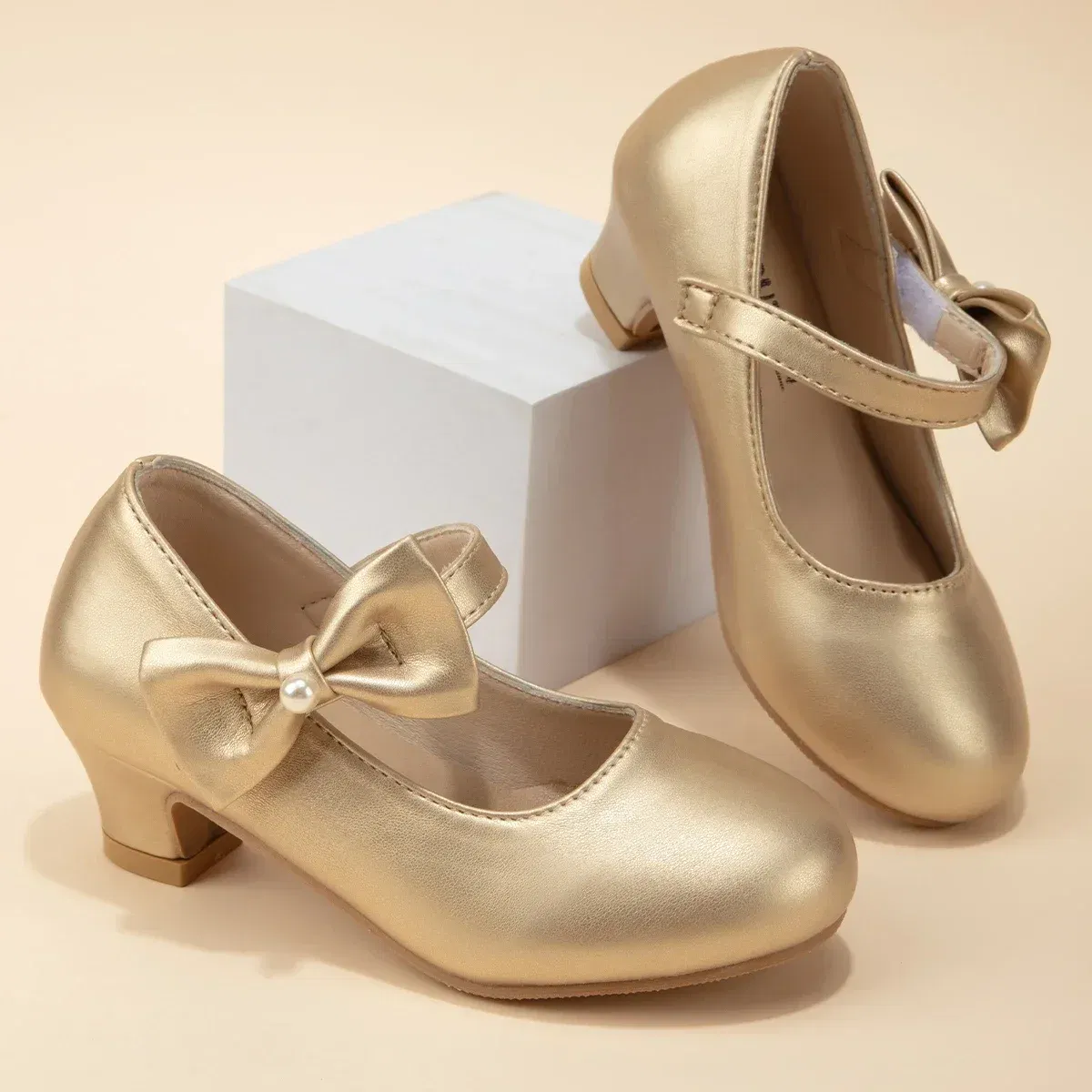 Shoe Size: 33, Color: Gold - Children's Bowknot Wedding Party Princess Shoes Big Kids White Gold Dance Dress Shoes Small Square Heel Children's Shoes