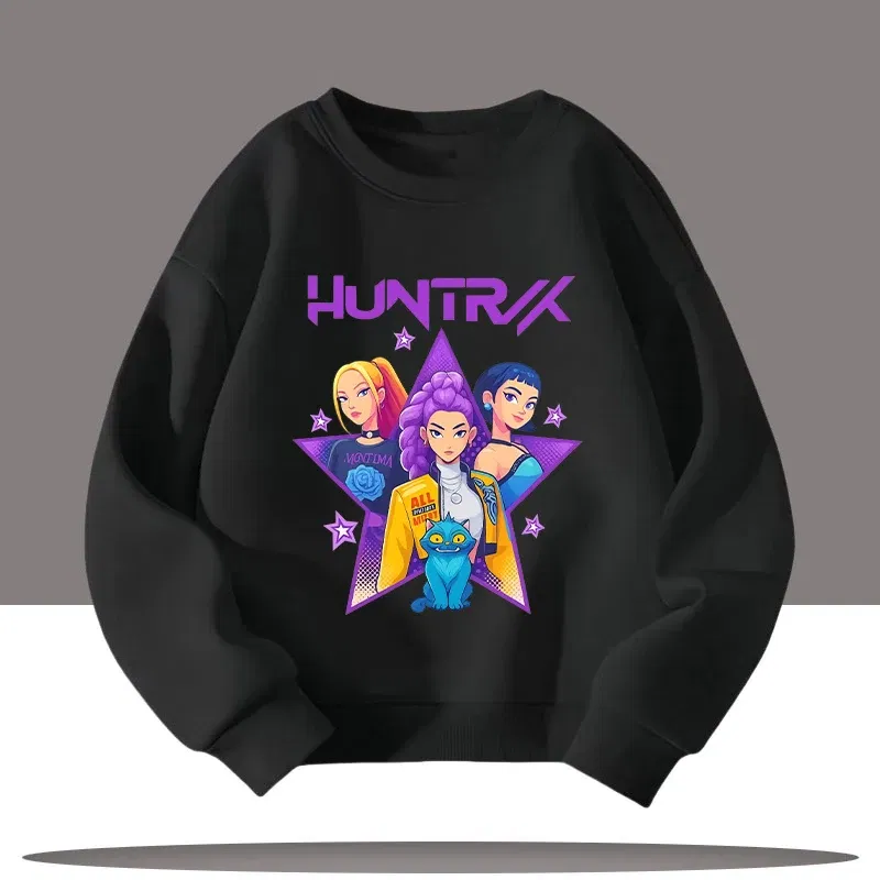 Color: SKY BLUE, Kid Size: 10 - Children's Clothing K-pop Demon Hunters Cartoon Print 3-12 Year Old New Style Kids Round-neck Sport Shirt Cute Girl Casual Top