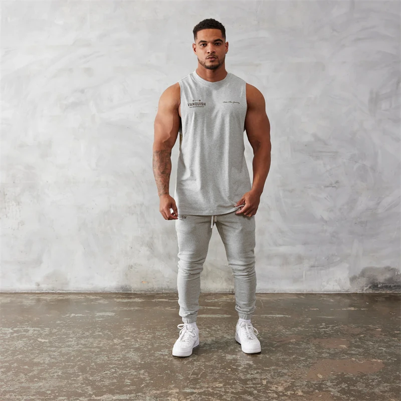 Color: WHITE, Size: XXXL - Gym exercise fitness sports men's vest cotton wide shoulder round neck sleeveless shirt slim casual men's wear